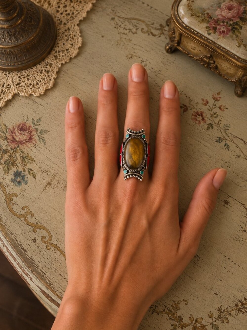 Women's Tiger's Eye Statement Ring - Silver-Tone with Red & Green Accents